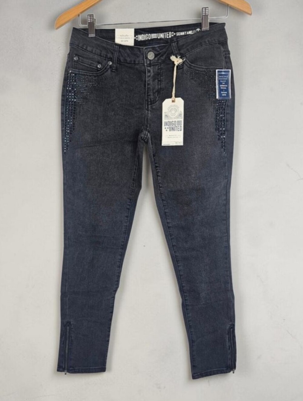 NEW Y2K Rhinestone Studded Jeans Dark Wash Bling Slim Leg Denim Juniors Size 7